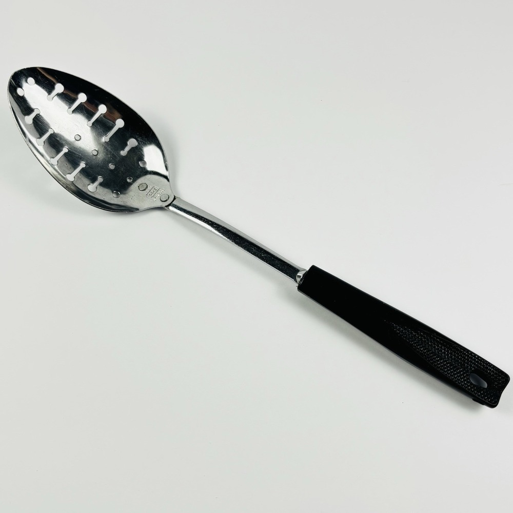 2 Vtg‎ Ecko Spoons Slotted Metal Serving Spoon Utensil Black Plastic Handle